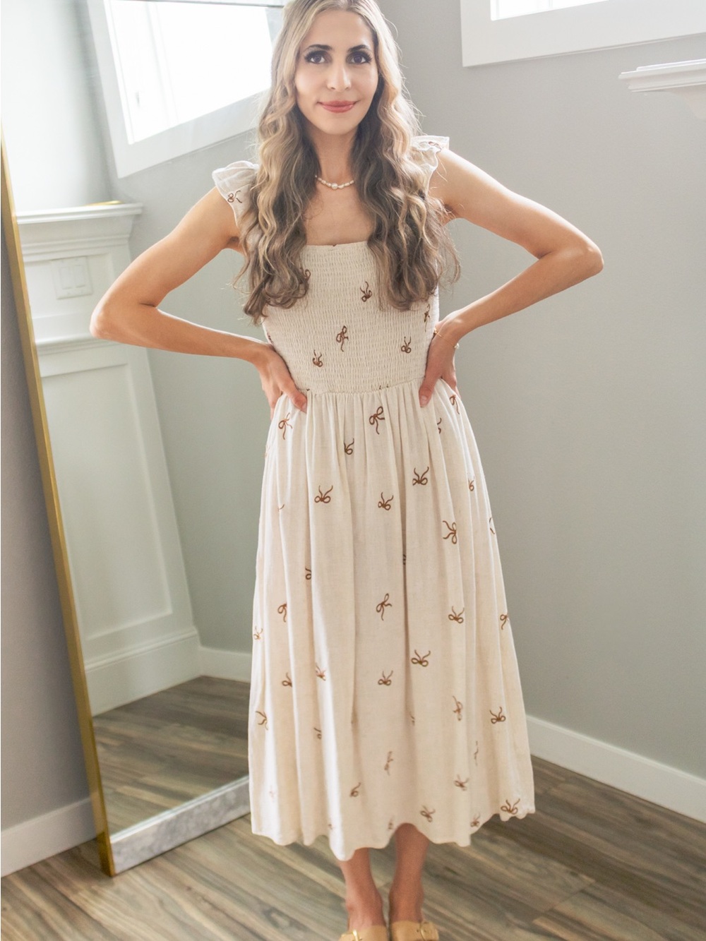 Linen Cream Midi Dress with Bow Embroidered Motifs